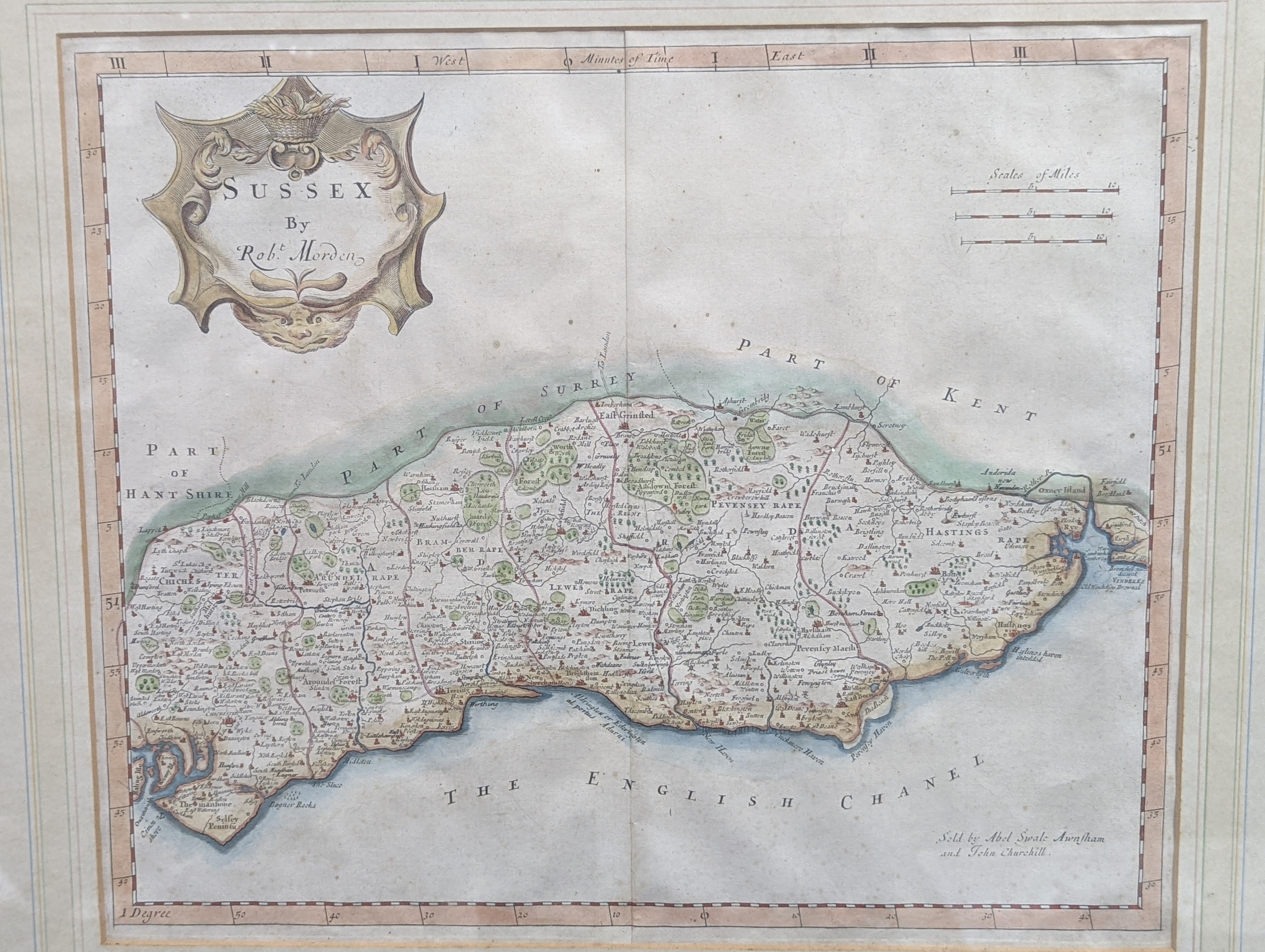 Robert Morden, coloured engraving, Map of Sussex, 35 x 42cm.